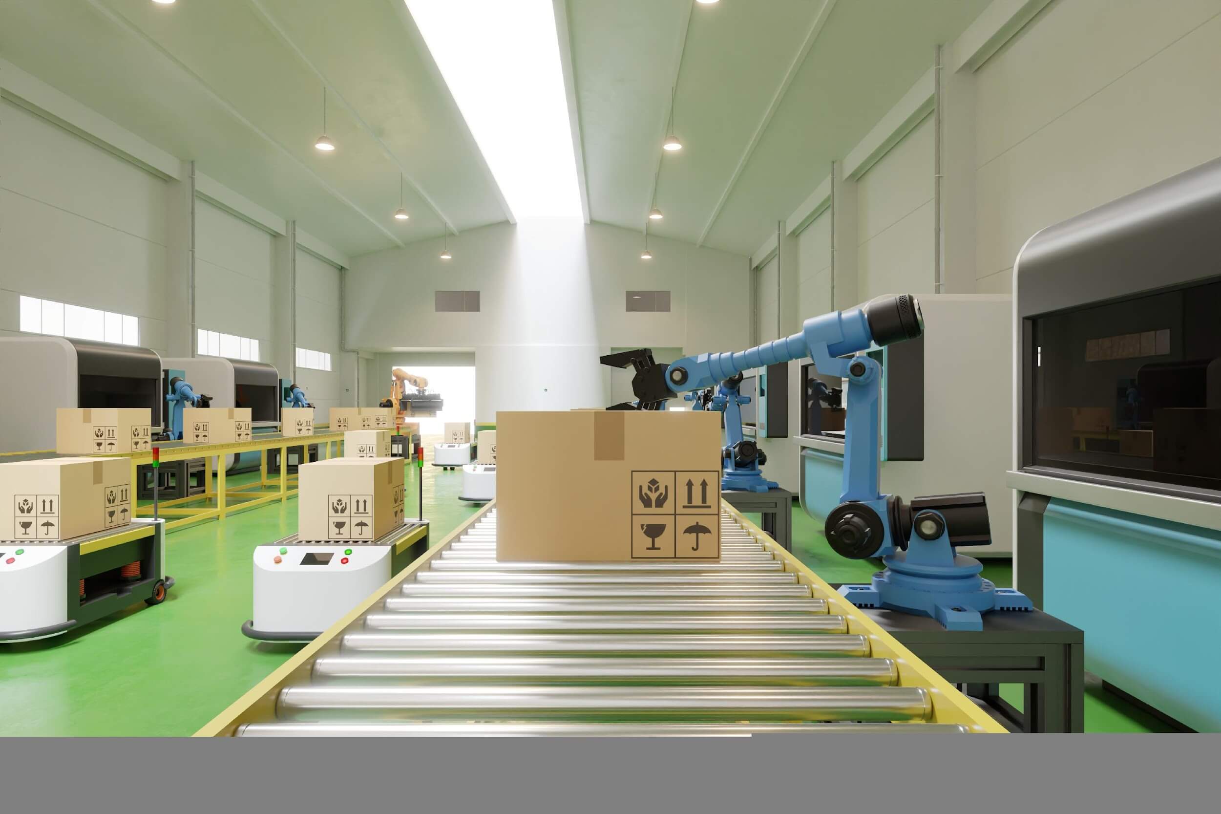 Automated machines scanning and packing products in factory